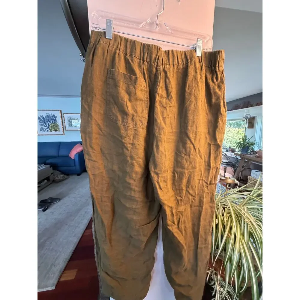 Quince 100% European Linen Pants Olive Green L Pull On Wide Leg Pockets